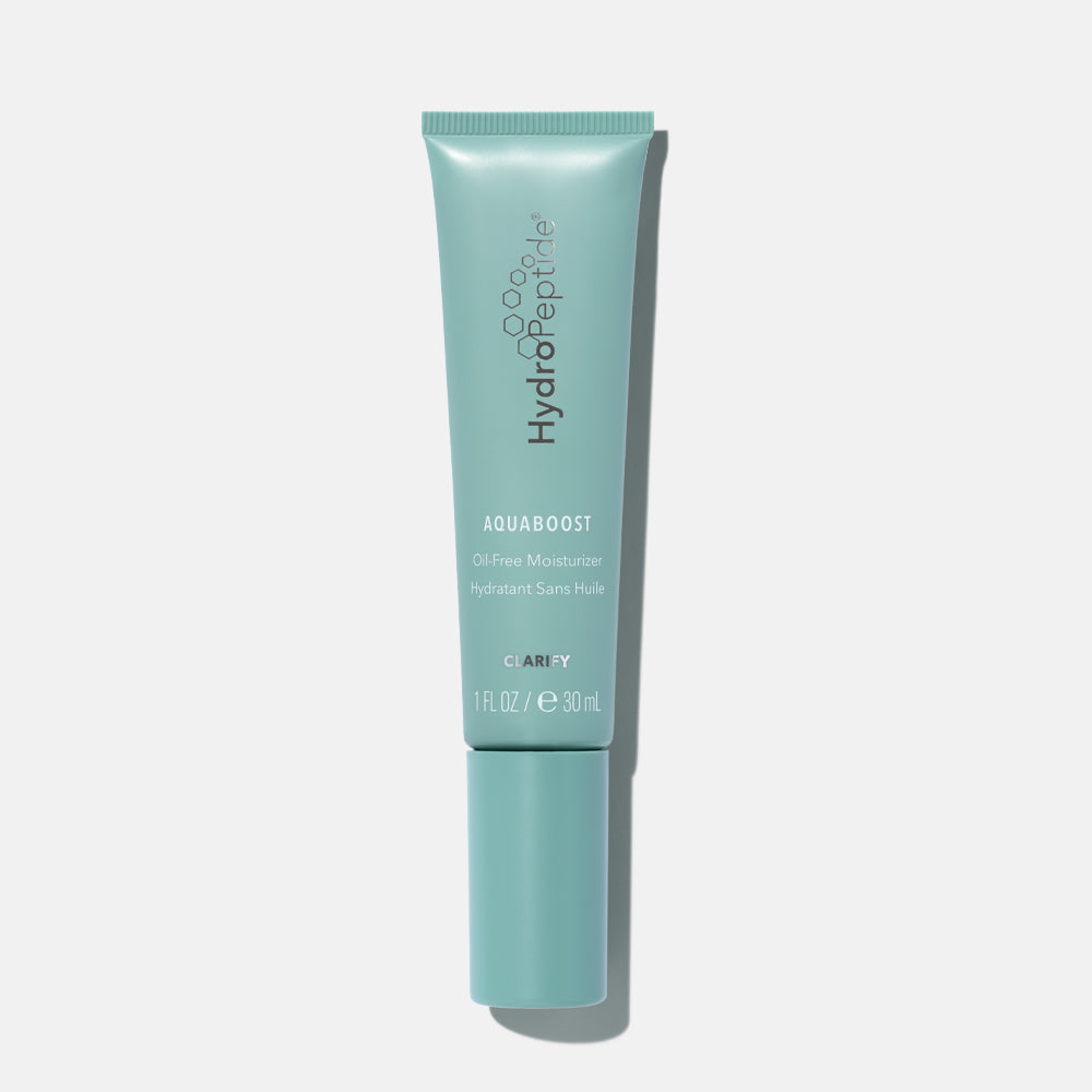Tube of HydroPeptide Aquaboost moisturizer on a light gray background