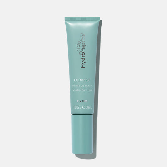 Tube of HydroPeptide Aquaboost moisturizer on a light gray background