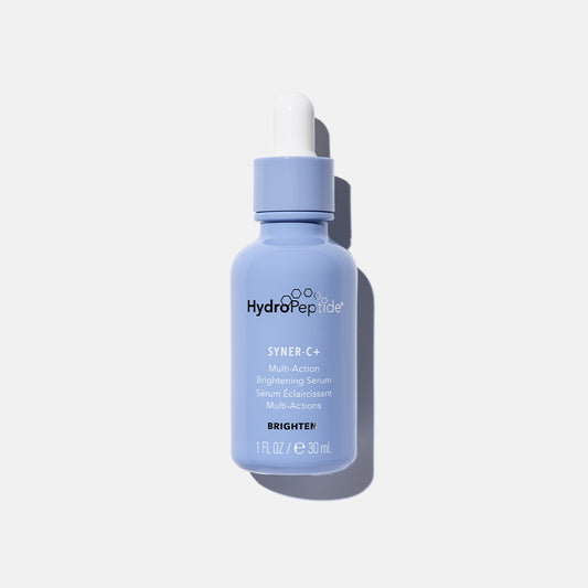 A light blue dropper bottle of HydroPeptide Syner-C+ Brightening Serum, set against a clean white background with a soft shadow.